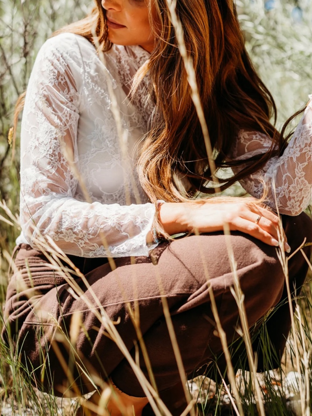 Sheer Lace Long Sleeve Top in Beige